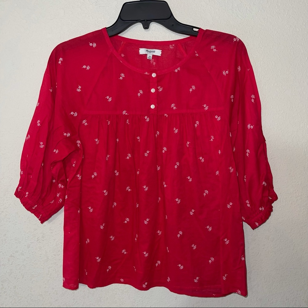 Madewell linen floral ruffle red top